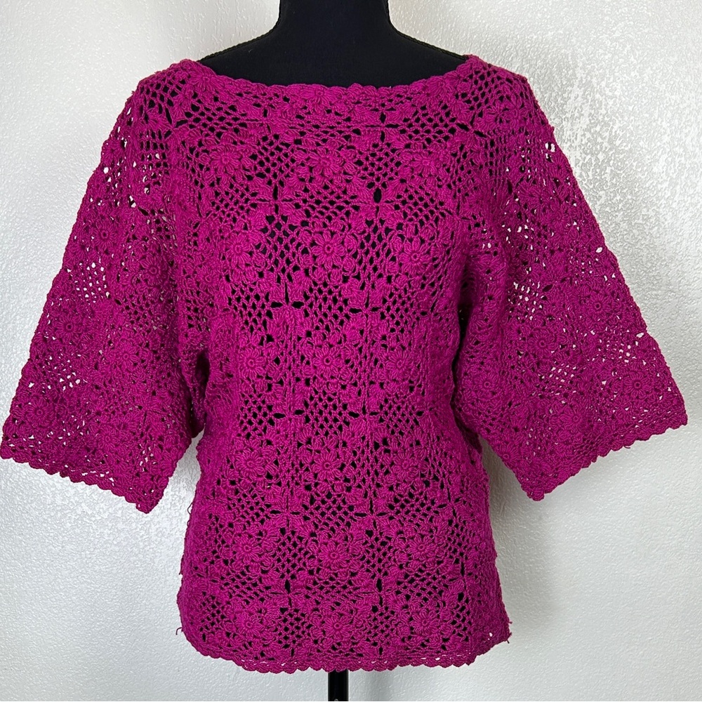 Vintage‎ R&K Original Cotton Boat Neck  Crochet Open Knit Magenta Blouse